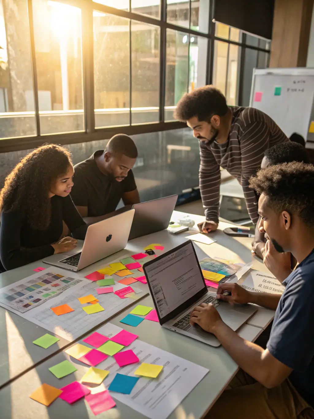 A diverse team of software developers working together on a custom software project, emphasizing collaboration and innovation.